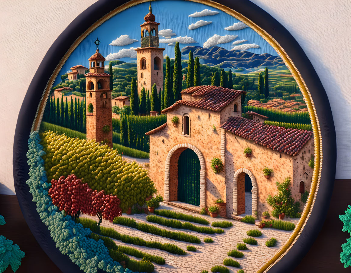 Hand-embroidered Italian landscape