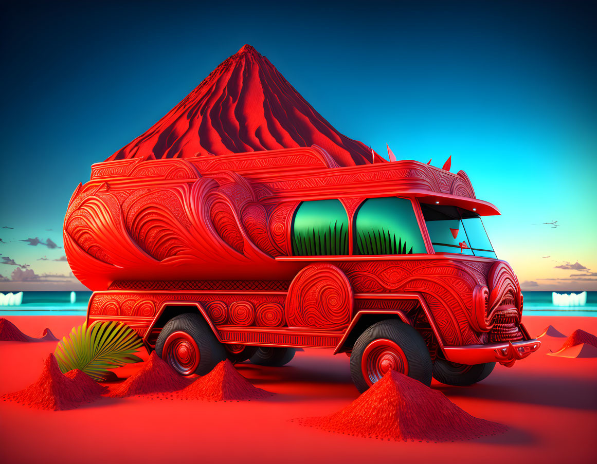 Stylized red bus with intricate patterns in desert with volcano and twilight sky