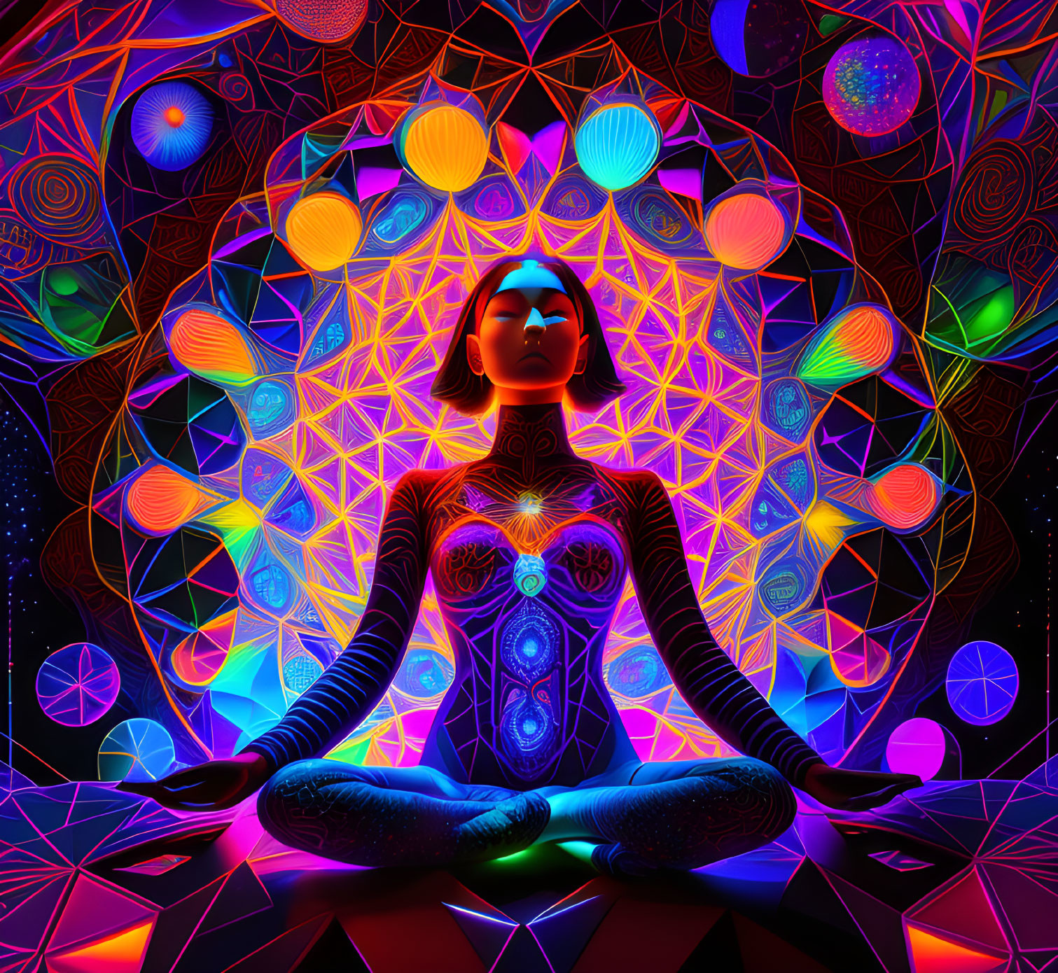 Colorful Digital Artwork: Woman Meditating with Psychedelic Patterns