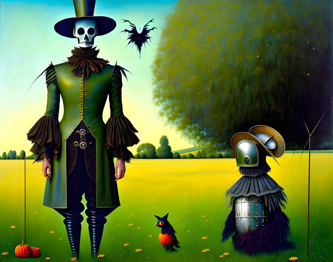 Surreal painting featuring figure with skull head, bird creature, cat, and house-like entity in