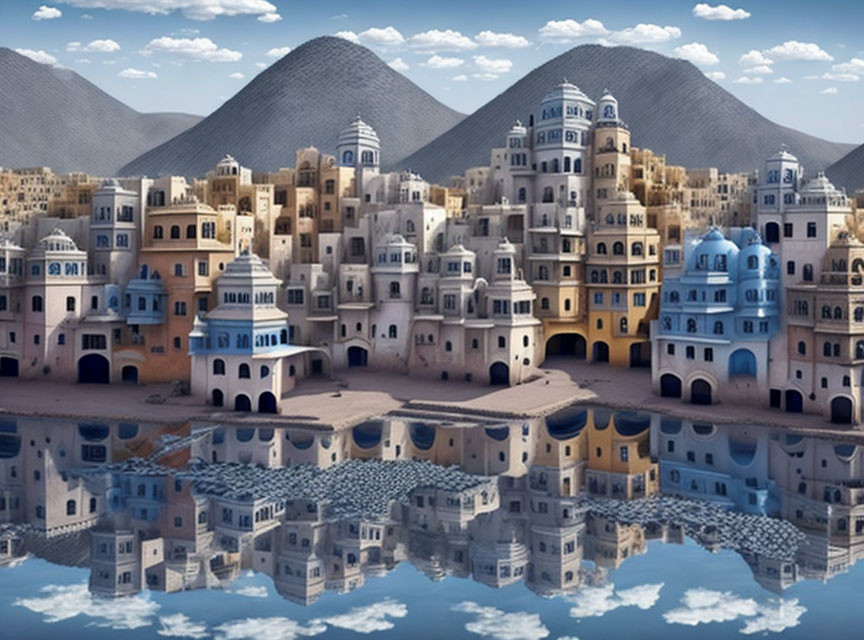 Fantastical cityscape with sandy beehive buildings and blue domes reflected in water against mountain