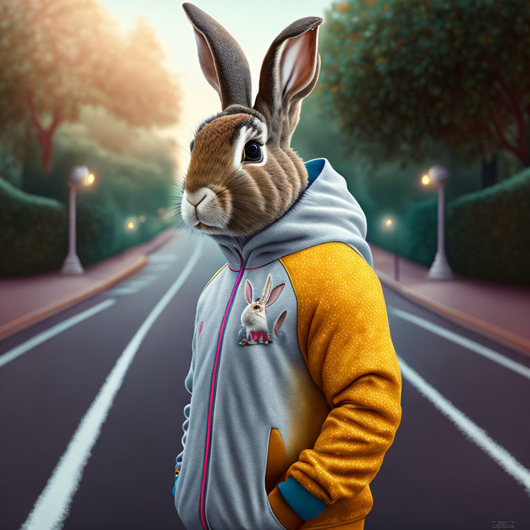 Stylized anthropomorphic rabbit in hoodie on road with lights