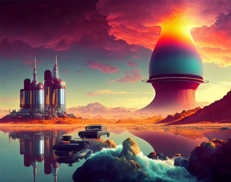 Futuristic landscape with car, industrial domes, alien spaceship, and sunset sky