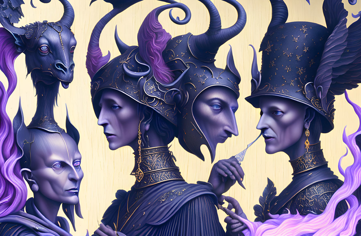 Digital artwork featuring four regal, fantastical characters with ornate headgear.