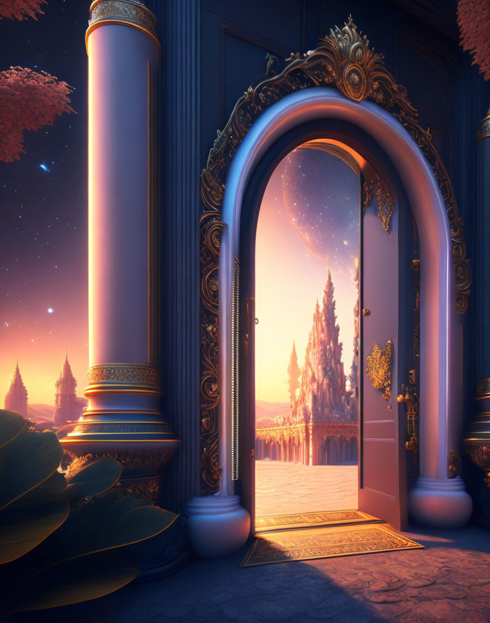 Golden archway reveals mystical landscape with starry sky, evergreen trees, temples, twilight hues.
