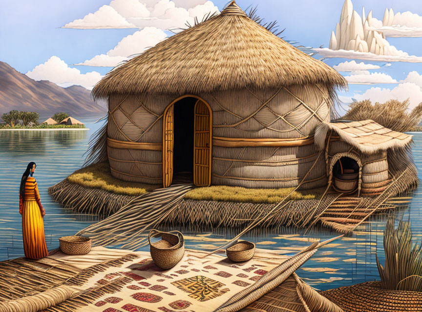 Traditional Reed Hut on Floating Island with Indigenous Woman and Handmade Crafts