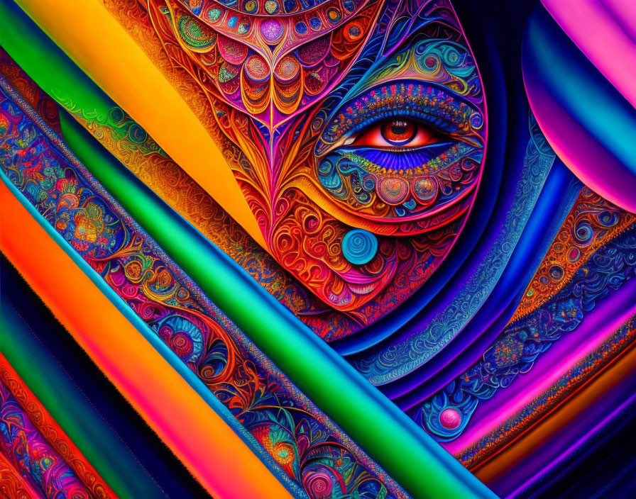 Colorful psychedelic face art with ornate design and spectral stripes