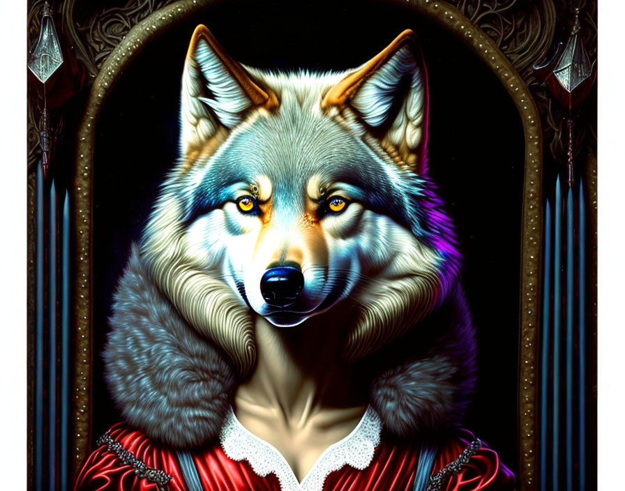 Illustration of Wolf in Vintage Red Clothing on Ornate Dark Background