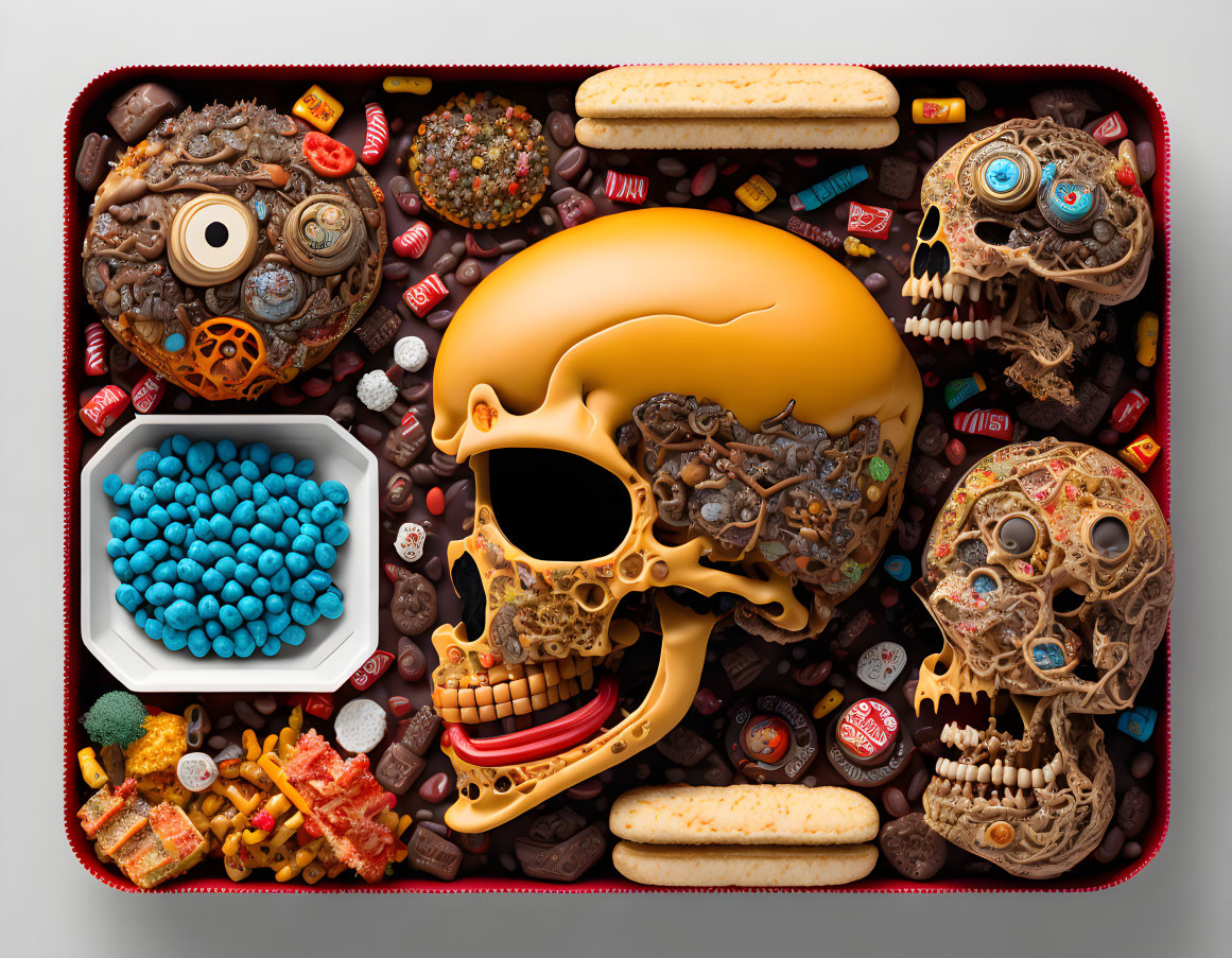 Tray of candies, chocolates, and skull-themed cheeseburger display