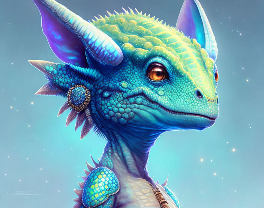 Vibrant digital artwork: fantastical creature with blue-green scales and dragon-like features