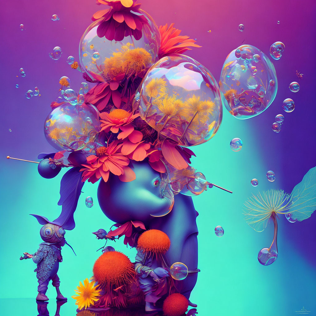 Colorful digital artwork: surreal scene with flowers, bubbles, and figure in spacesuit