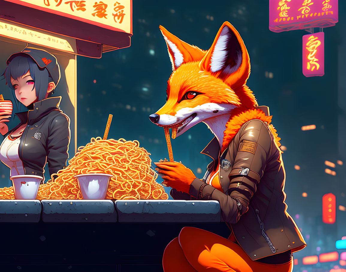 Fox in jacket eating noodles at street food stand with woman with blue hair, neon signs illuminating night