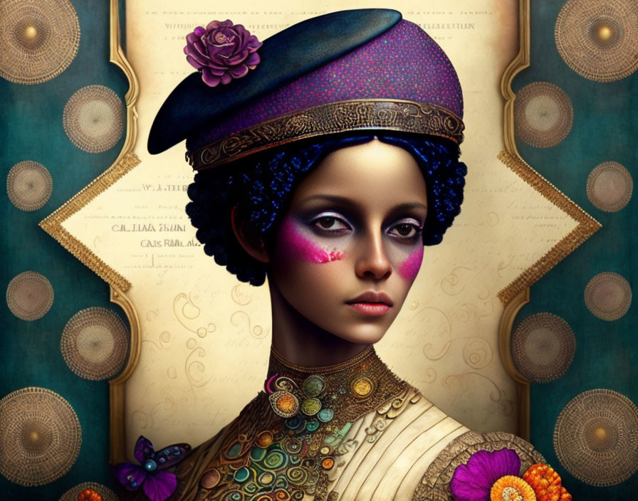 Digital artwork featuring woman with violet eyes and jewel-toned hat against vintage green and gold backdrop