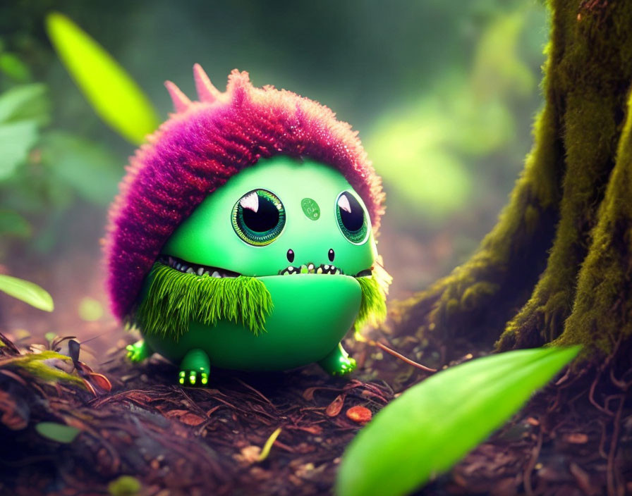 Green cartoon creature with large eyes in mossy forest setting