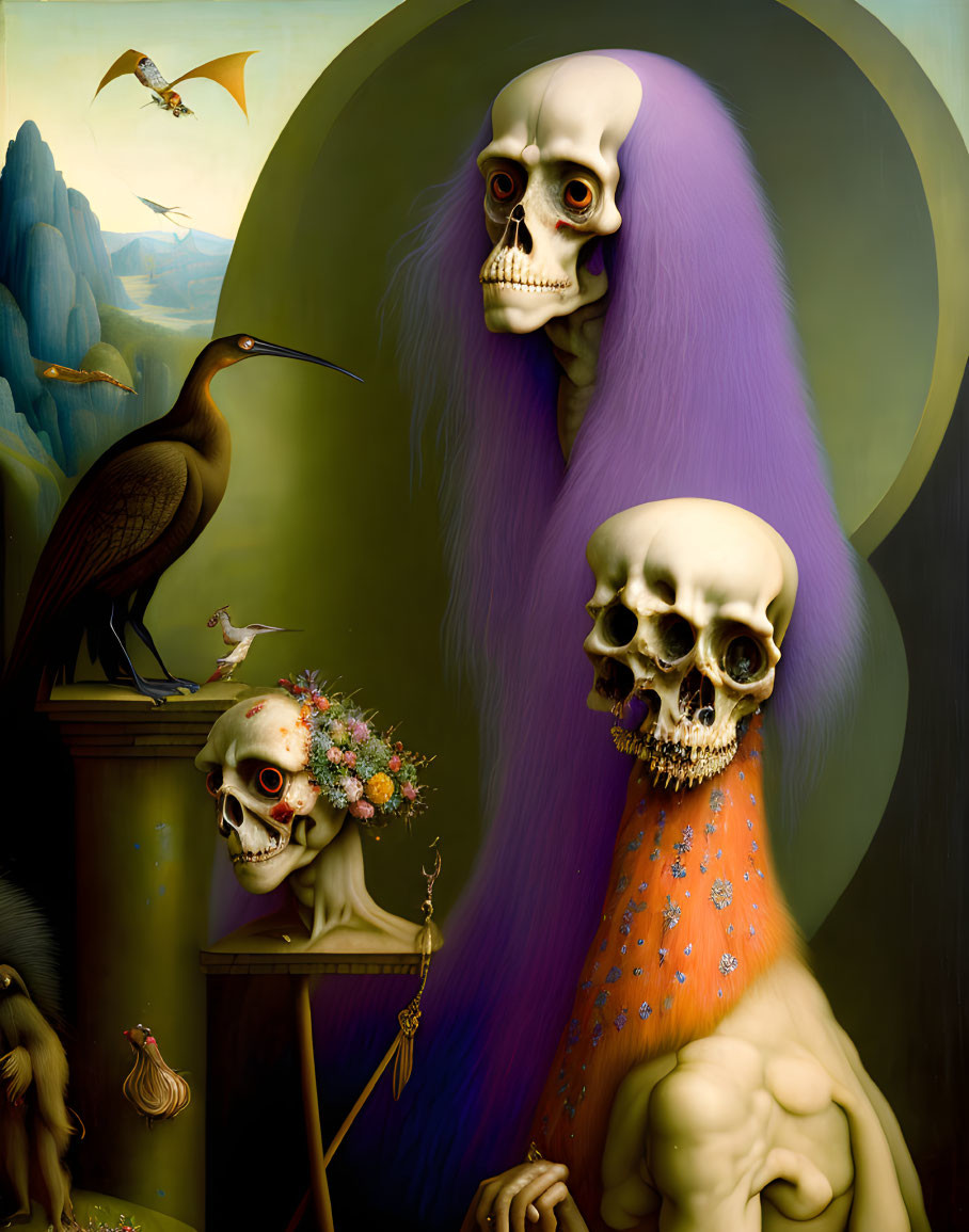 Surreal Artwork: Figure with Purple Mane, Three Skull Faces, Orange Attire, Birds