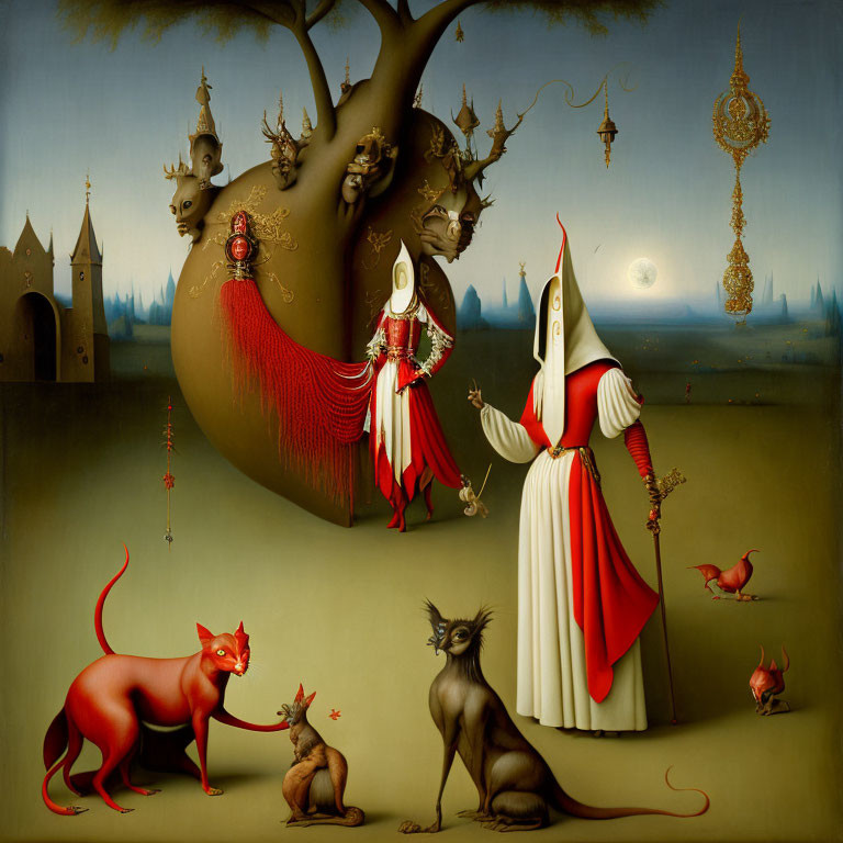 Surrealistic painting: anthropomorphic animals, nun and knight holding hands under tree with faces,