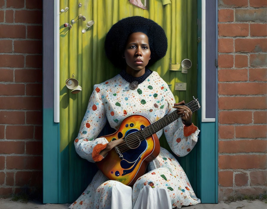 Woman with Afro Hairstyle and Guitar in Front of Colorful Door
