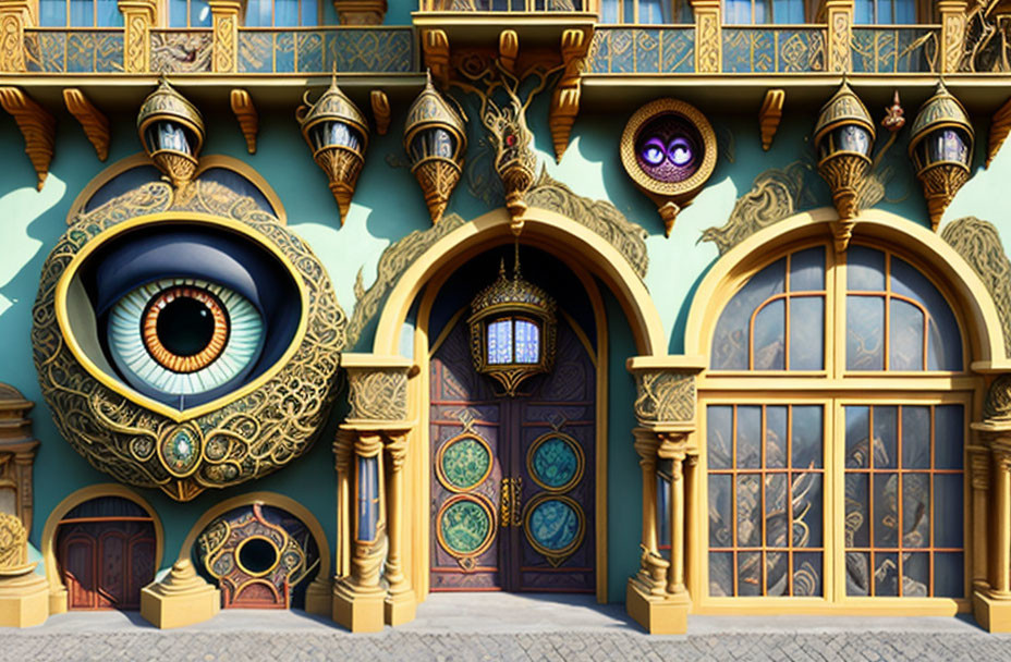 Colorful building with eye-shaped ornaments and intricate balconies