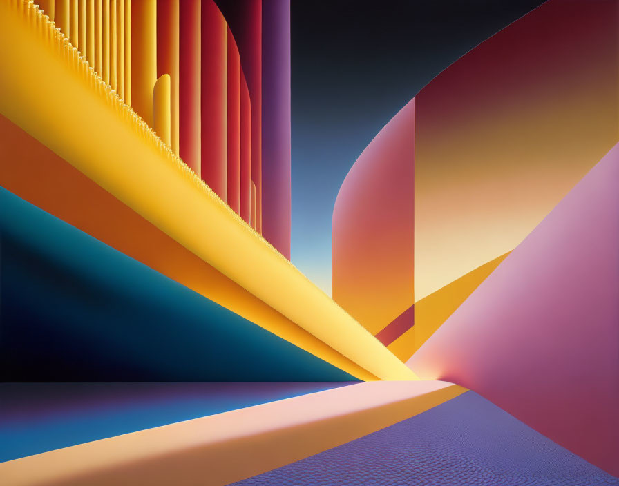 Vibrant geometric shapes with sharp and smooth gradients in yellow, pink, blue, and purple