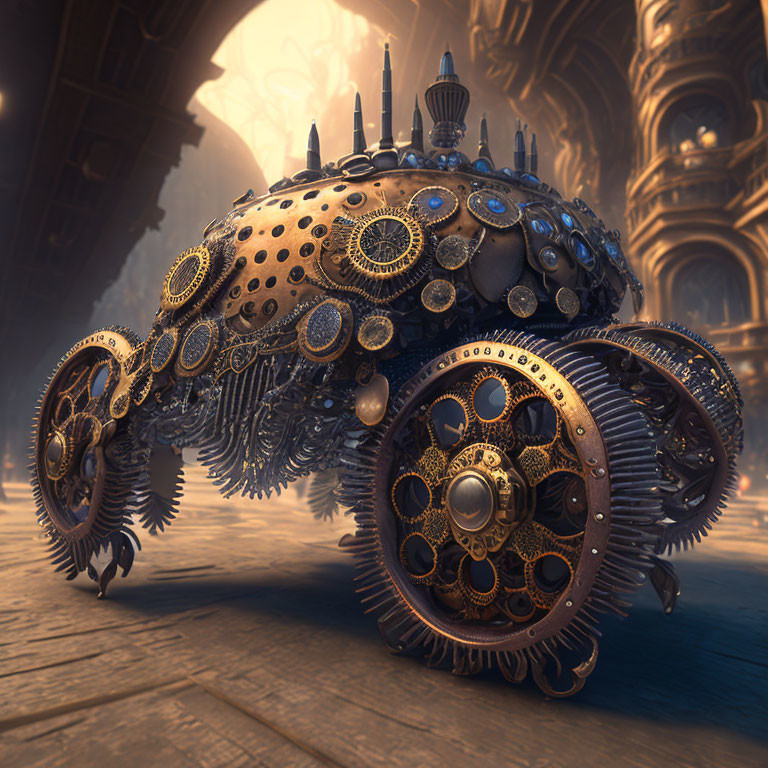 Fantasy steampunk-style vehicle in mystical grand hall