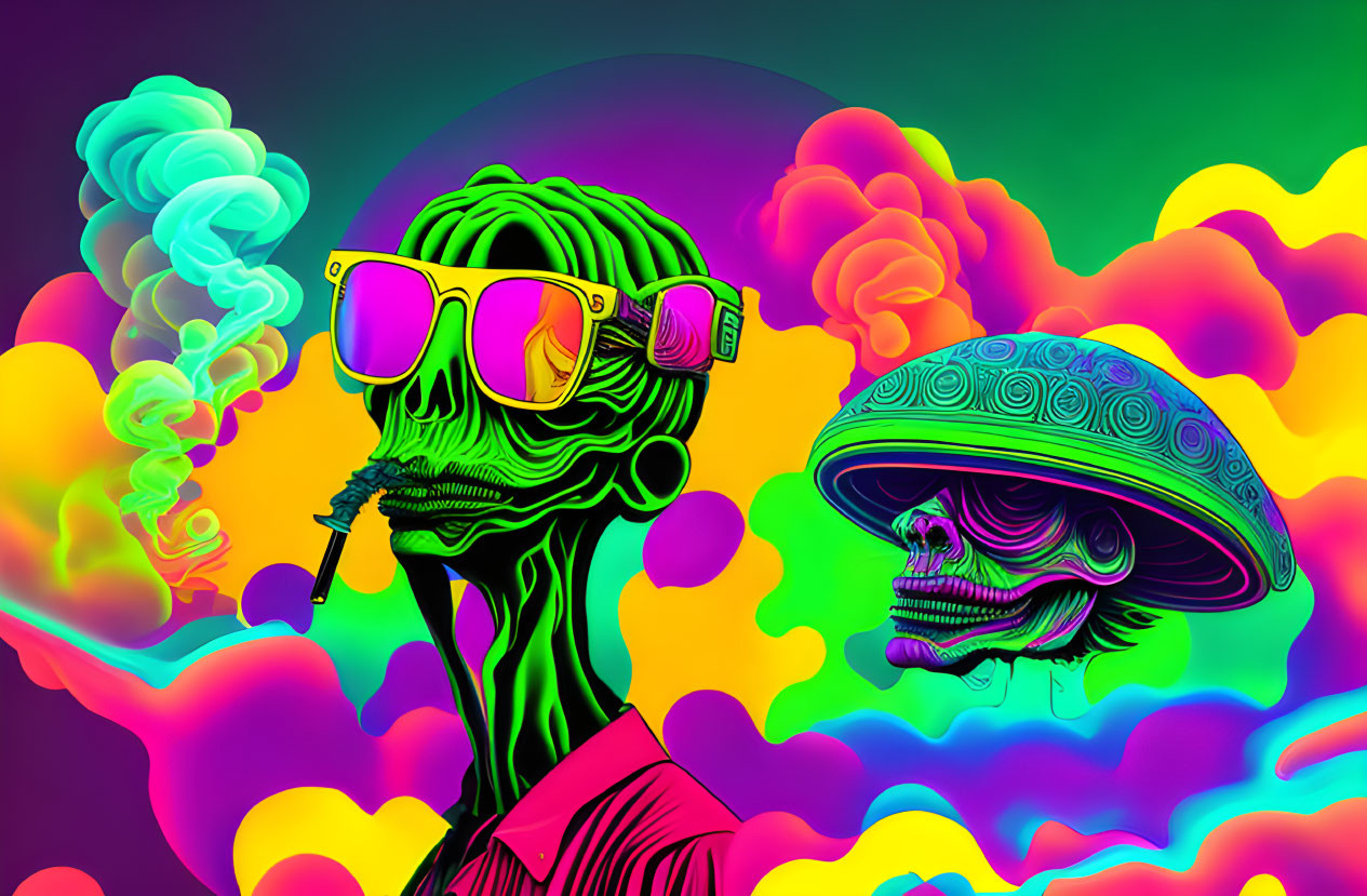 Colorful Psychedelic Artwork: Skull-faced figures with sunglasses and mushroom cap in vibrant swirls