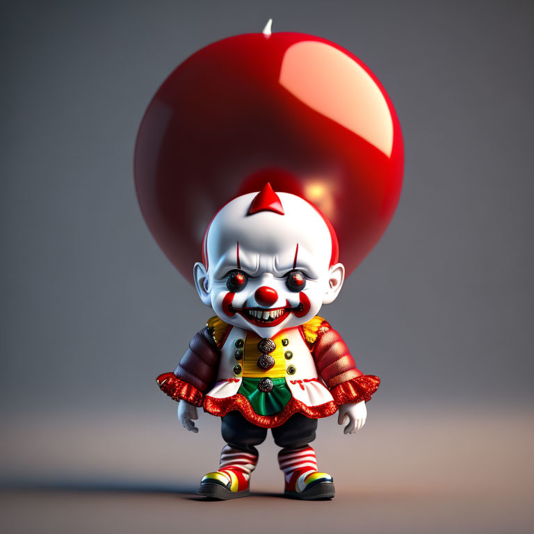 Creepy clown toy with red balloon in colorful costume