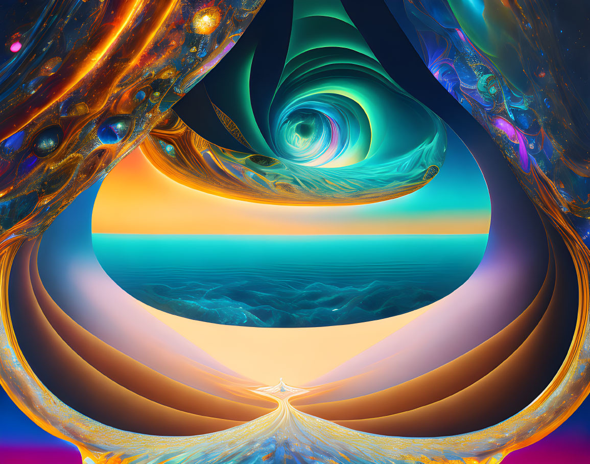 Abstract digital artwork: swirling patterns, ocean horizon, celestial elements in droplet frame