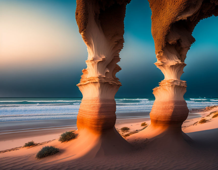 Sandstone arches at sunset on a deserted beach with gentle waves and sparse vegetation