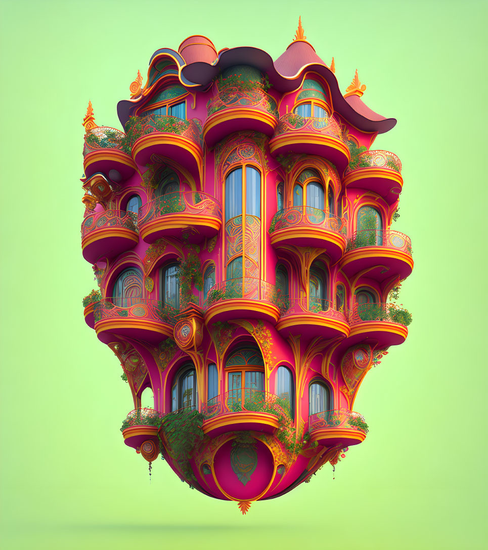 Whimsical floating architectural structure with intricate designs in pink and gold