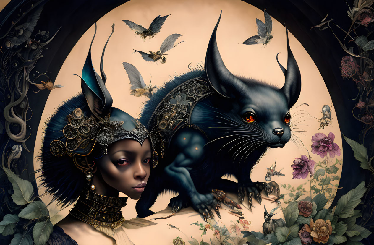 Surreal artwork: Dark-skinned woman, ornate headdress, fantastical black creature.