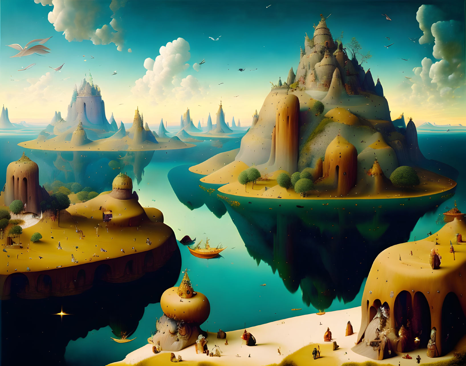 Surreal landscape with floating islands and calm waters