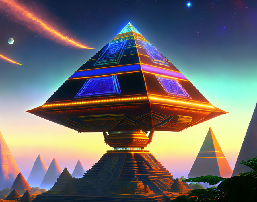Colorful digital artwork: Illuminated pyramid against twilight sky