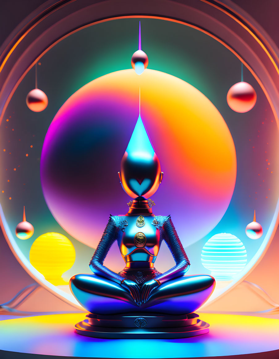 Digital Art: Vibrant Meditation Scene with Levitating Orbs and Neon Lights