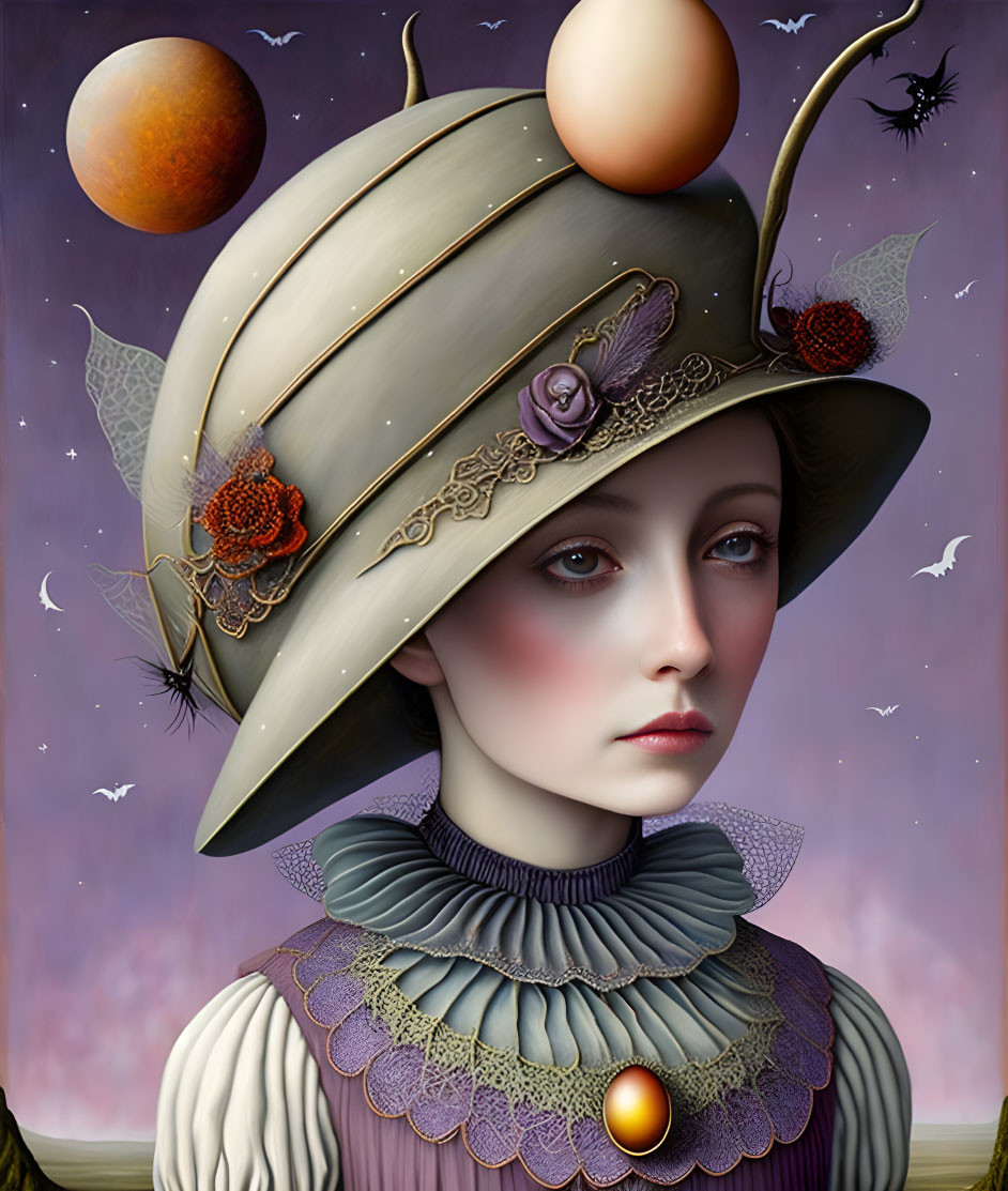 Surreal portrait of woman in elaborate planetary hat against twilight sky