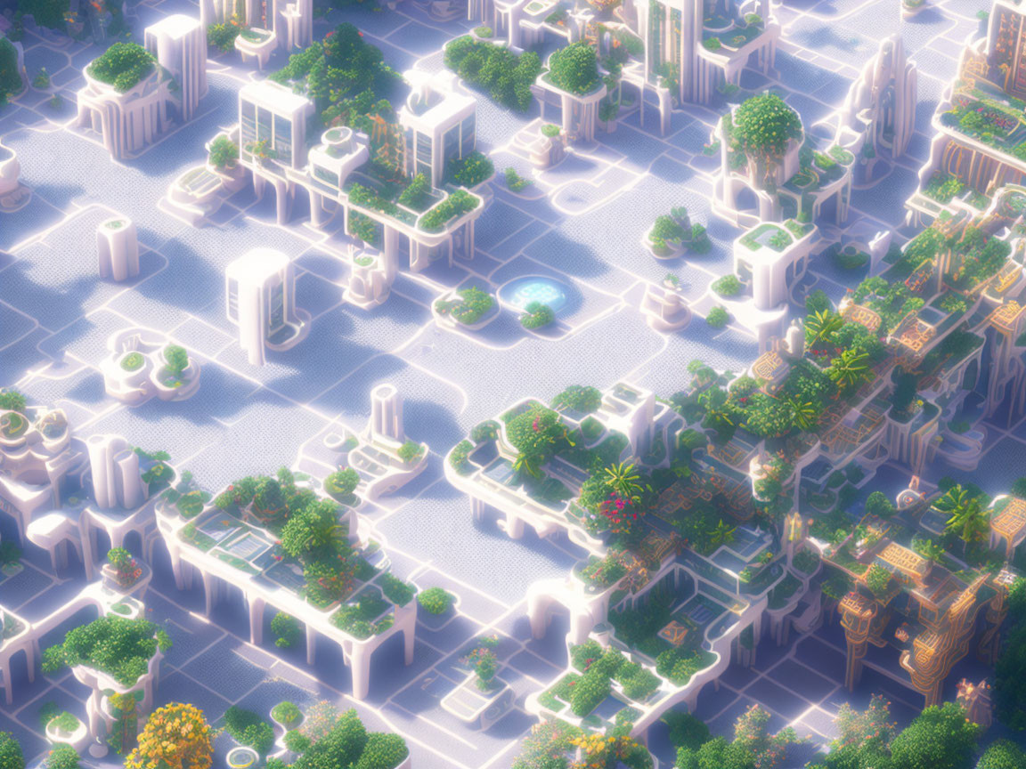 Futuristic cityscape with high-tech buildings and greenery
