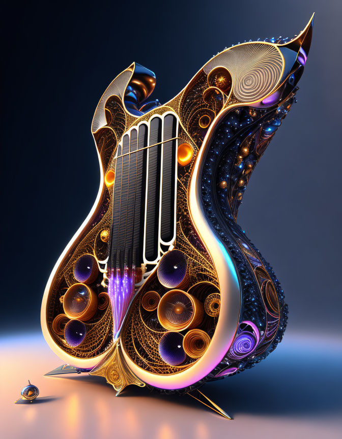 Intricate surreal guitar art on blue and orange background