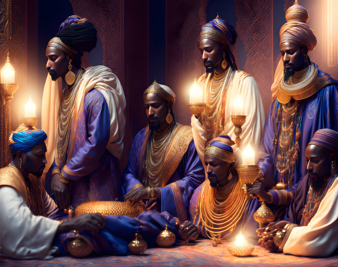 Seven Men in Royal Traditional Attire with Turbans and Gold Accents in Richly Decorated