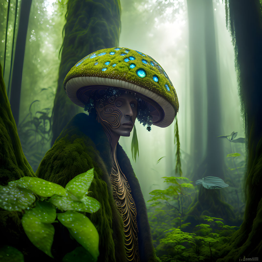Mystical figure with ornate mushroom hat in lush green forest