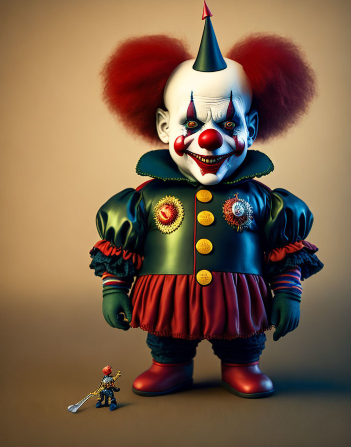 Menacing clown with red hair and knight figure in colorful 3D illustration