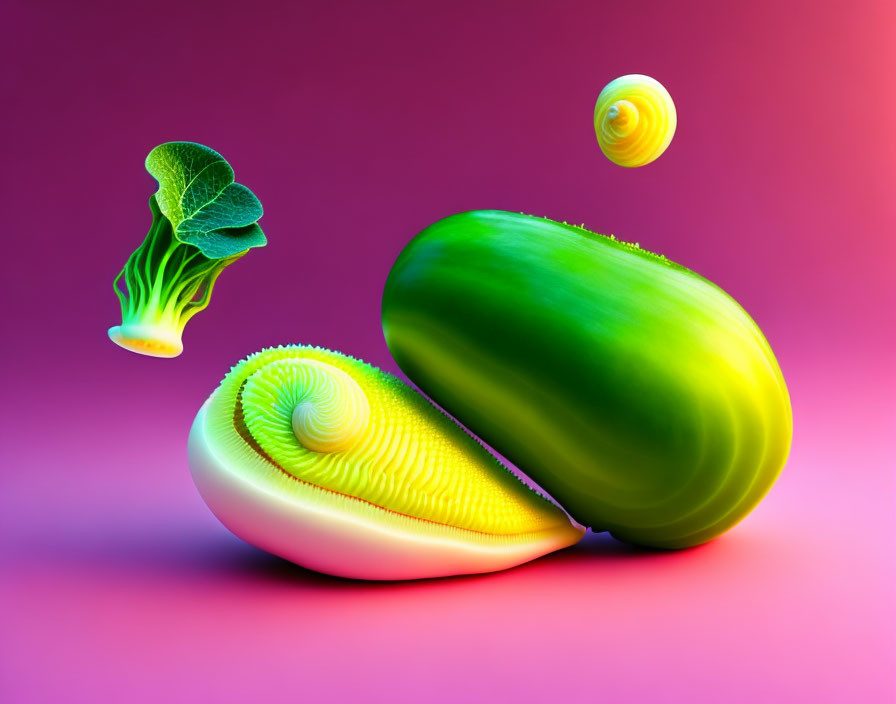 Surreal floating plant, sliced cucumber, and swirled object on gradient background