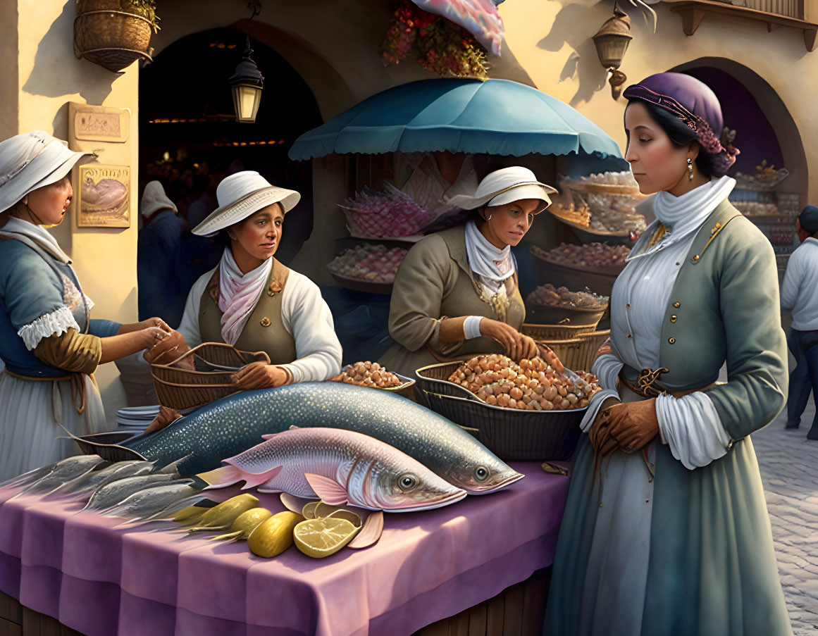 Historical scene: Women in period clothing sell fresh fish and produce at a vibrant market stall
