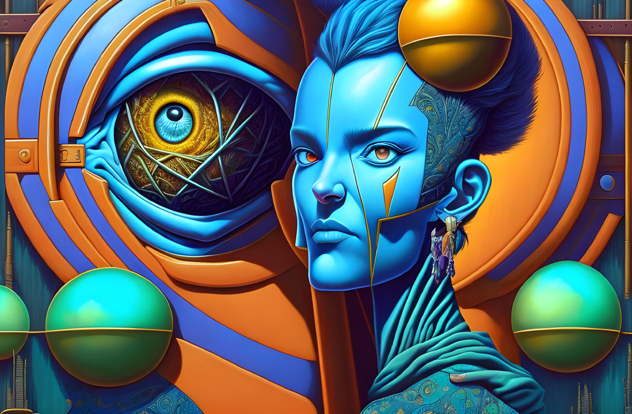 Blue-skinned woman and mechanical eye in futuristic setting