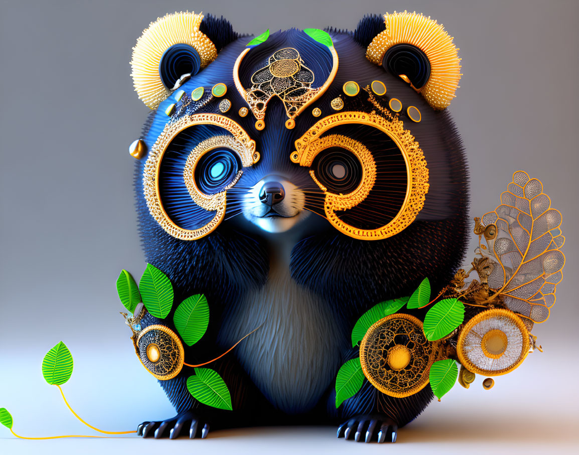Colorful digital art of stylized panda with gold and blue patterns, jewels, and whimsical foliage