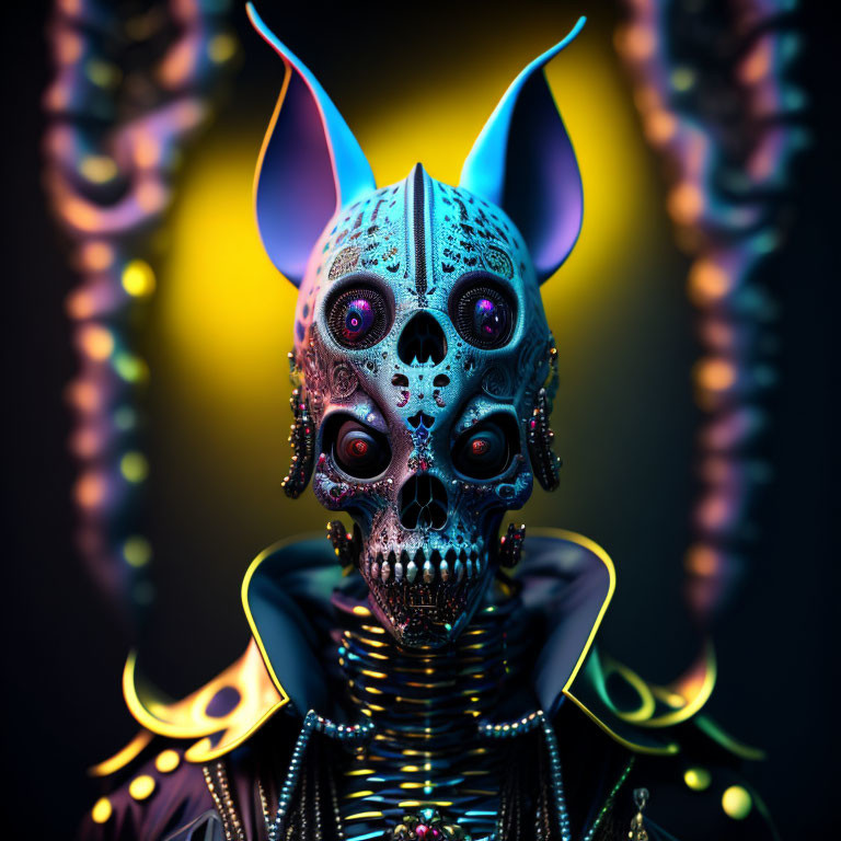 Colorful Skull with Vibrant Eyes and Horn-like Ears on Dark Background