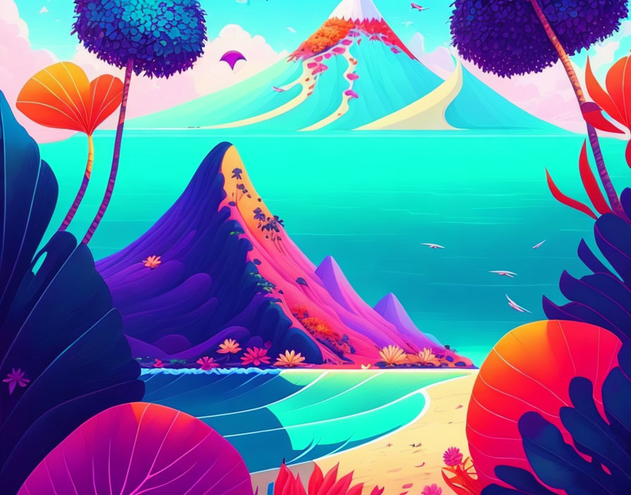 Colorful Stylized Landscape with Mountains, Bay, Flora, and Volcano