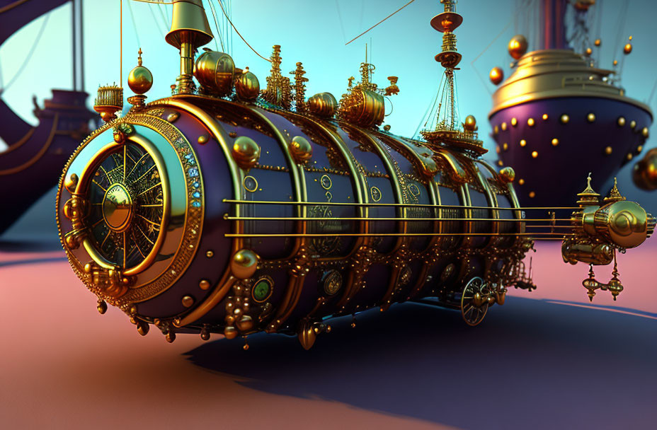 Steampunk-style airship with brass detailing in twilight sky