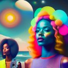 Colorful Psychedelic Artwork: Two Women with Stylized Hair on Beach with Moon and