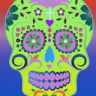 Colorful Floral Skull Artwork on Gradient Background in Green, Yellow, and Pink