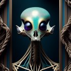 Symmetrical iridescent alien creature with expressive eyes on dark ornate background