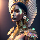 Digital artwork featuring woman with golden accessories and angelic wings on dark background